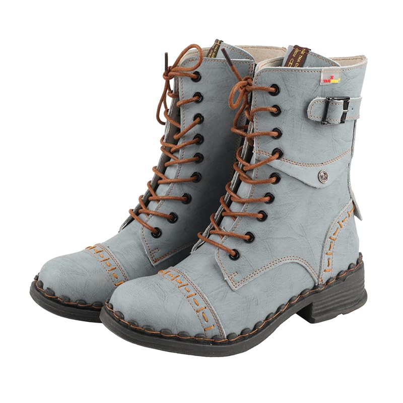 TMA EYES Women's Clasical Lace-Up Zipper Breathable Lining Flat with Hand-stitched Mid-calf Boots3