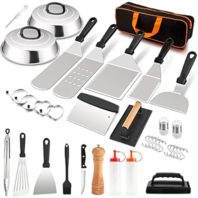 HaSteeL 25Pcs Griddle Accessories Kit, Stainless Steel Teppanyak Tools Set with Metal Spatulas, Melting Domes, Burger Press, Great for Flat Top Cooking Camping Outdoor BBQ, Heavy Duty & Easy to Clean