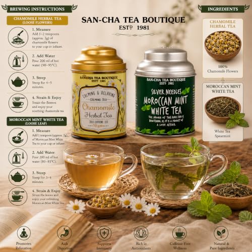 Image of Sancha Tea Boutique, Combo Pack: Chamomile Flower Herbal, 50g & Moroccan Mint White Tea, 25g Loose Leaves, Pure Silver Needle