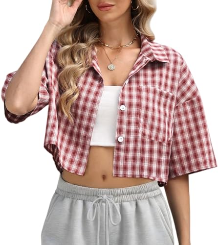 Dookttker Womens Cropped Plaid Shirt Short Sleeve Lightweight Blouse Button Down Top Summer Fashion Outfits Preppy Clothes