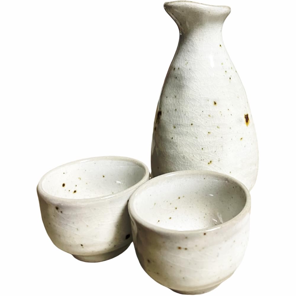 Mino Ware Sake Set Tokkuri & 2 Ochoko Cups Light Snow White Ceramic Japan