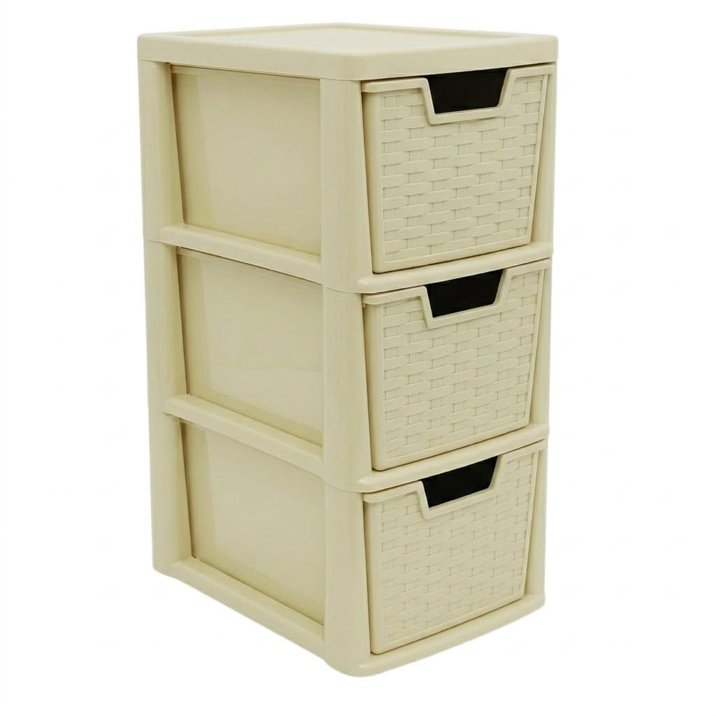 KYY'Z - 3 Tier Medium Plastic Storage Drawer Unit - Rattan Effect Tower Cream - Stackable & Stylish Cabinet with Deep Pull-Out Drawers - Space-saving Organiser 25D x 19W x 48H cm