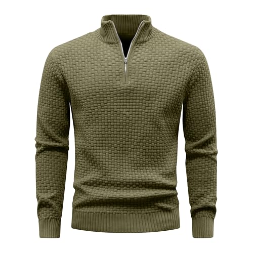 Zaitun Men's Quarter Zip Sweaters Polo Zip Up Pullover Waffle Knit Mock Neck Turtleneck Army Green