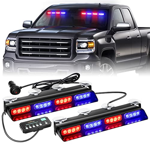 XRIDONSEN Emergency Dash Strobe Lights Safety Flashing Warning Hazard Caution Interior Front/Rear Windshield Deck Split Light Bar w/Suction Cups for Vehicles Trucks (2x14 inch Red Blue)