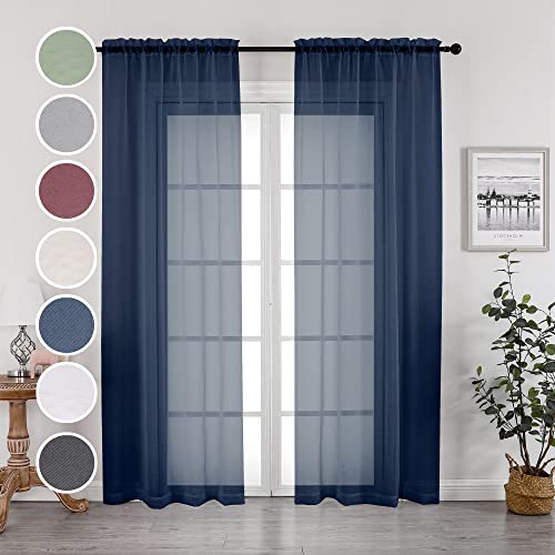 Image of OWENIE Navy Blue Sheer Curtains 96 Inches Long 2 Panels Set, Elegant Sheer Curtains for Bedroom, Window Voile Sheer Curtain Panels /Drapes /Treatment for Living Room, 2Pcs, Each 42 inch W x 96 inch L