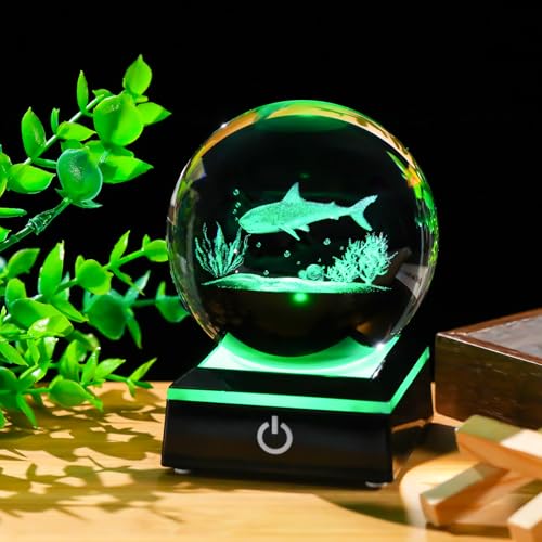 Image of Arikyrist 3D Crystal Ball Shark Figurine with Colorful Light Base, Shark Gifts for Shark Lovers Women Men on Christmas Birthday, Laser Engraved Glass Shark Ornament Globe for Home Office (80mm)