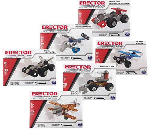 Meccano Erector Building Set of (6) - Miniature Plane, Bi-Plane, Helicopter, Bulldozer, Car, Race Car Bundle