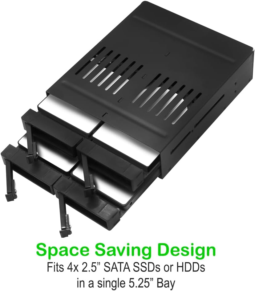 KINGWIN 4-Bay 2.5” SATA Removable SSD/HDD Mobile Rack, Hot-Swap 5.25” Internal Drive Cage, Compatible with 6Gbps SATA I/II/III, 7–9.5mm Drives, Metal Frame, LED Indicators