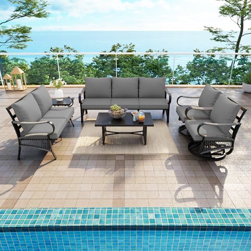 Image of 6 Pieces Patio Conversation Sets, All-Weather Metal Swivel Rocking Chairs with Rope Furniture Set, Outdoor Sofa Couch for Deck, Porch, Garden, Backyard, Poolside (Gray Cushions)