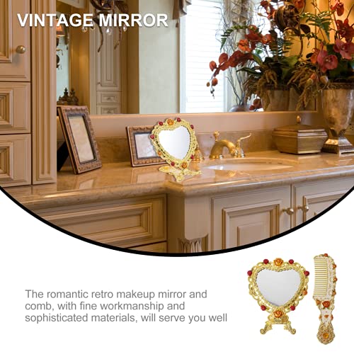 Lurrose 1 Set Antique Mirror Comb Set Vintage Metal Handheld Makeup Mirror With A Comb Russian Style Decorative Embossed Rose Gift For Women Girls #TOP1
