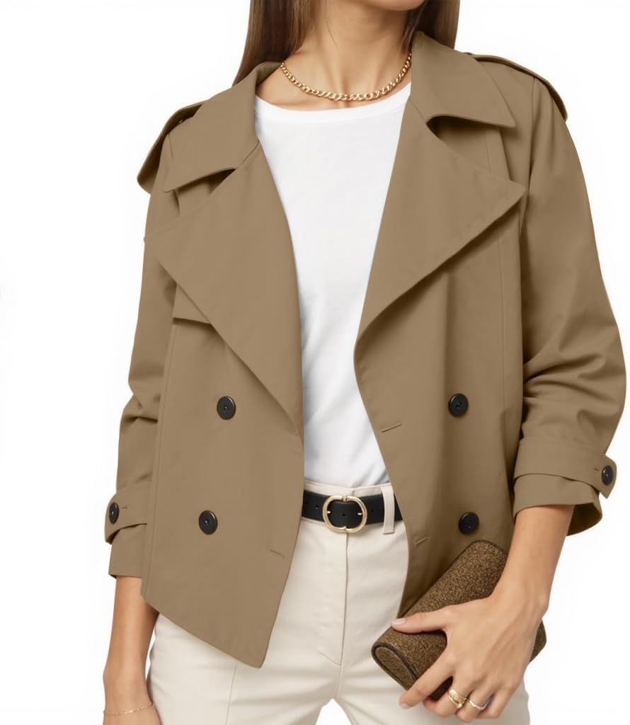 Muchpow Womens Cropped Trench Coat Casual Double Breasted Work Office Short Crop Coats Jacket with Belt