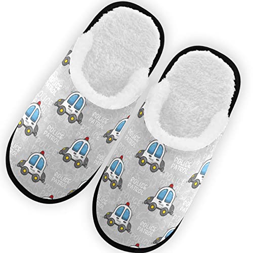 Cute Police Cars Slippers for Women Men, Memory Foam Non-Slip House Slippers, Indoor Bedroom Shoes
