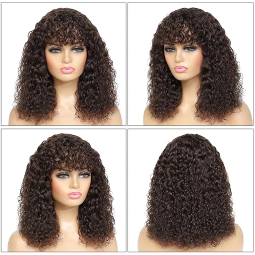 Chocolate Brown Human Hair Curly Bob Wig with Bangs - Glueless Short Wig for Women - 4# Color 12 Inch - Image 4