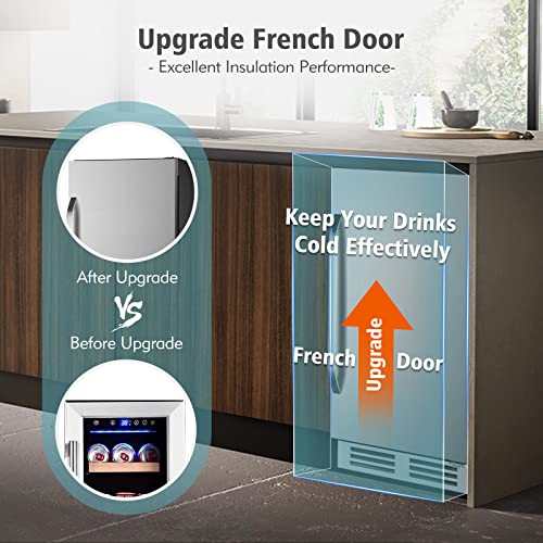 Image of 15 Inch Outdoor Beverage Refrigerator Cooler,Stainless Steel 127 Cans Beverage Fridge with French Door Under Counter Built-in or Freestanding, Perfect for Beer, Cola