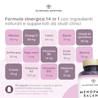 Menopausa Integratori 14 in 1 con Supporto Clinico 100% Naturale. 45 Capsule con Omega 3, Vitamina D3 K2, Vitamina B12, Biotina, Acido Folico. N2 Natural Nutrition