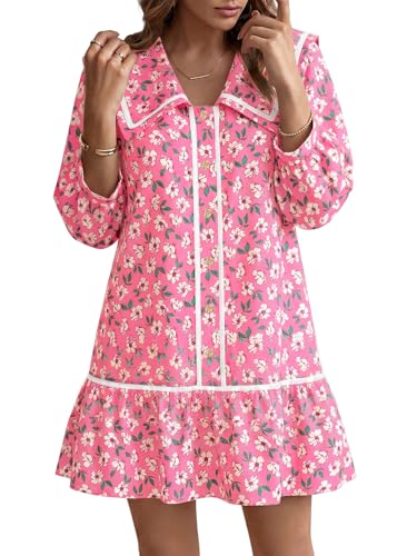 Image of Wenrine Womens Casual Shirt Dresses 3 /4 Long Sleeve Floral Button Down Flowy Babydoll Fall Mini Dress