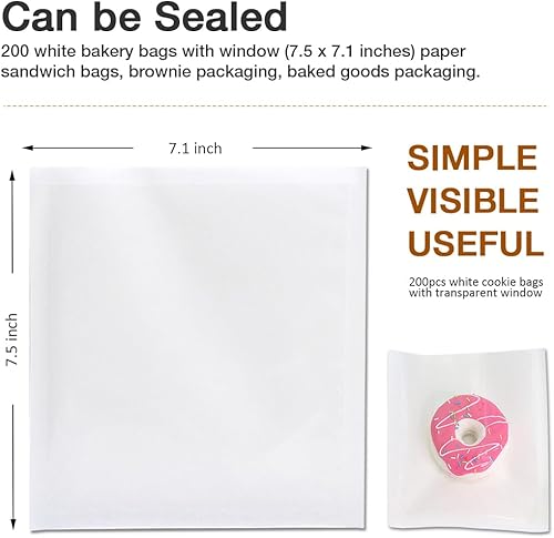 Miniatura 2 de 200 bolsas de panadería con ventana, 7.1 x 7.5 pulgadas, bolsas de papel de dona para llevar, bolsas de papel sándwich para productos horneados,