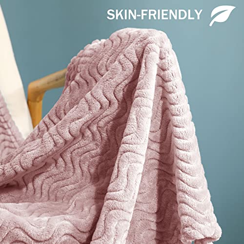 Exclusivo Mezcla Large Flannel Fleece Throw Blanket, 50X70 Inches Soft Jacquard Weave Wave Pattern Blanket For Couch, Cozy, Warm, Lightweight And Decorative Dusty Pink Blanket #TOP4