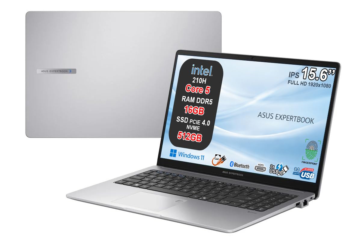 ASUS ExpertBook P1 Notebook, Intel Core 5 210H, 16GB DDR5, SSD 512GB NVMe PCIe 4.0, Display 15,6" FHD Antiriflesso, USB-C Gen2, LAN RJ45, Wi-Fi 6, Bluetooth 5.4, Windows 11 Pro, 24 Mesi Garanzia
