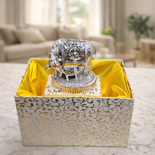 Image of Gold Art India Kamdhenu Cow and Calf Idol | Silver Plated Antique Finish Decorative Murti | 6.35 cm x 6.35 cm | Sacred Gau MATA Statue for Home Temple & Gift