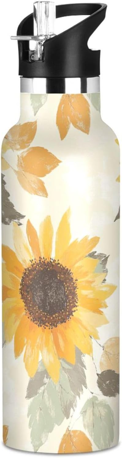 Botellas de agua reutilizables con tapa de boquilla a prueba de fugas, diseño de girasol neutro de doble pared, aislamiento al vacío, a prueba de