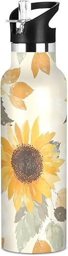 Botellas de agua reutilizables con tapa de boquilla a prueba de fugas, diseño de girasol neutro de doble pared, aislamiento al vacío, a prueba de