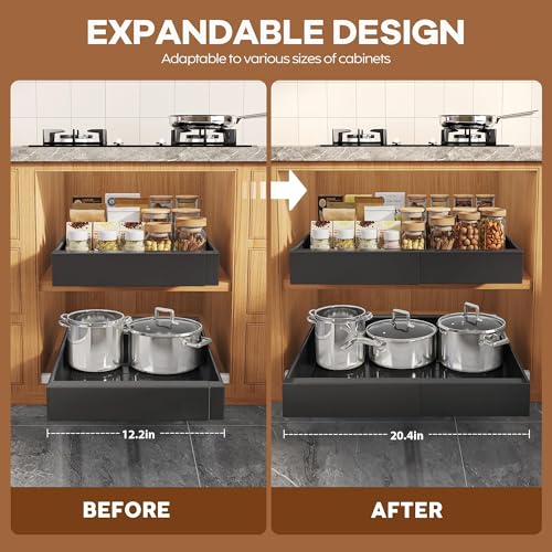 2 Pack Expandable Pull Out Cabinet Organizer 16.5"Deep With Raising Pad for Framed Cabinets,Upgrade 3 Slide Rails Slide Out Drawers,No Drill Roll Out Shelves,Adjustable Width 12.2"-20.4"Black