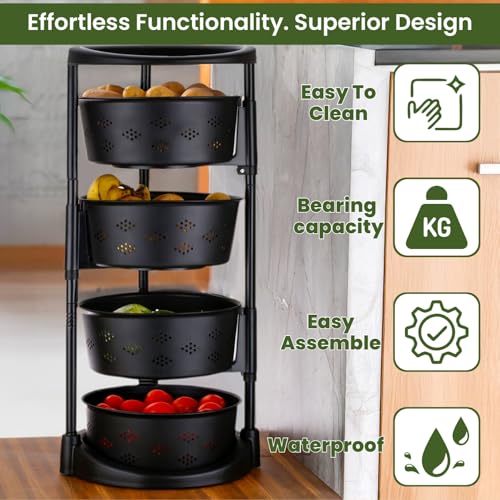 Image of JD FRESH 5 Layer ABS Rotating Kitchen Trolley with 360 Rotating Wheels /Multipurpose /Kitchen Storage Rack for Home /Onion Potato Storage Rack /Vegetable Basket Stand /Fruits Basket for Kitchen (Black)