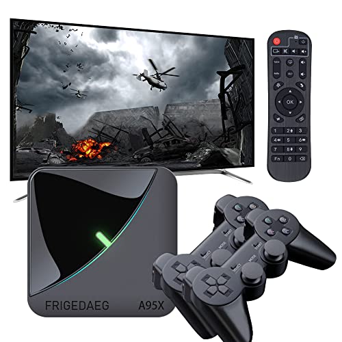 FRIGEDAEG Video Game Console with 50000+ Games, A95X Retro Game Box Compatible with PS1 PSP  MAME, Android 9.0 EmuELEC 4.3 System 2 in 1 for TV PC Projector, 2.4g+5g WiFi, 2 Controllers (128)