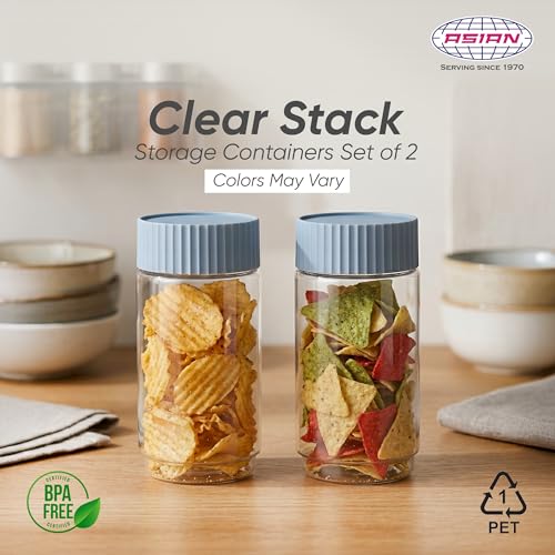 Image of Asian Plastowares - Clear Stack Jar (1000ML X 2) | BPA-Free | Multipurpose Jar for Snacks, Pulses, Dry Fruits & Biscuits | Airtight | Food Grade Storage Box | Assorted Colour