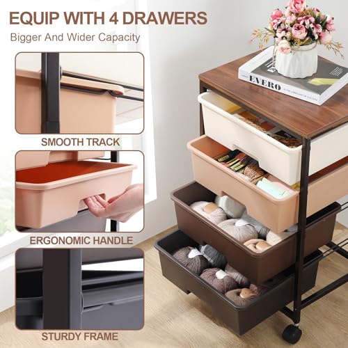 Image of SYKIARIOL Utility Cart with 4 Drawers, Brown | Rolling Storage Cart with Drawers, Storage Rolling Drawer Cart