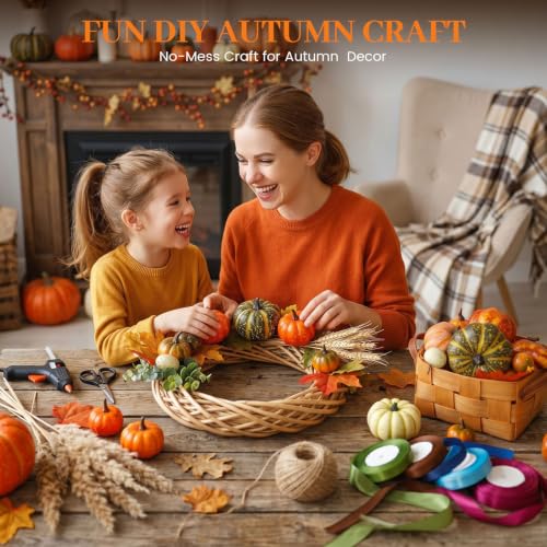 HAKACC 14 PCS Artificial Mixed Pumpkins for Decorating, Fake Pumpkins with 30PCS Fake Maple Leaves Thanksgiving Fall Harvest Decorations for Home, Fall Table Decor