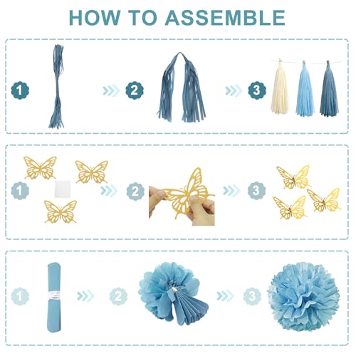 Blue Birthday Party Decorations, Dusty Blue Sand Confetti Gold Balloons Happy Birthday Banner Fringe Curtains Butterfly Hanging Swirls Circle Dots Tassels Pom Boys Men Girls Women 15th 16th 21st - Image 6