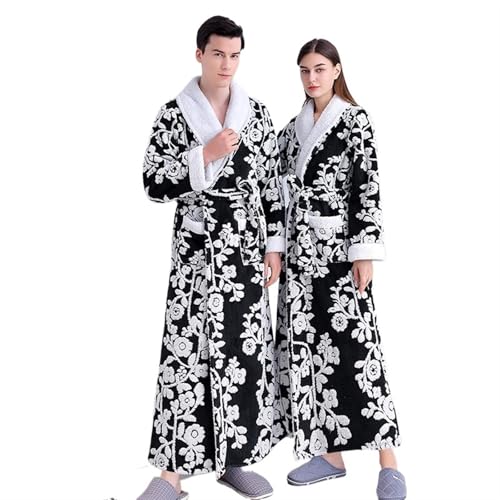 Albornoz Mujer Bata gruesa de doble capa de Jacquard for hombre y mujer, ropa de dormir, camisón cálido de invierno, albornoces de lana Coral, lencería, 1 unidad Adecuado para mujeres, baño(Blue-Black
