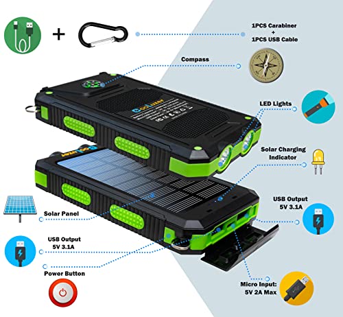 Solar Power Bank 36800Mah, Solar Charger Power Bank With 18W Pd 5V 3.1A Outputs, Ip67 Waterproof, Grade A+ Battery With Led Flashlight And Compass, Perfect Camping Gear Accessory For Outdoor (Green) #TOP2