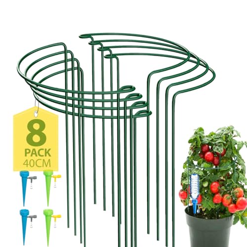 KAZITOO 8 Stück Metall Halbrunde Garten Pflanzenhalter, Metallblumenstützen Ringkäfig-Gartenrand mit 4 Automatisch Bewässerung Set für Topfpflanzen, Tomaten, Rose, Pfingstrose (40X25cm)