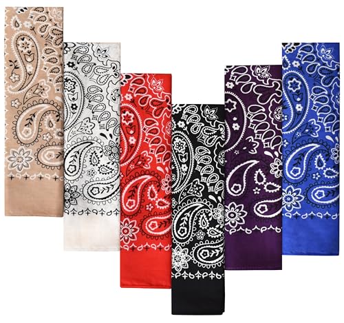 6 Pack Black Red White Tan Blue Purple Cotton Bandana for Wo