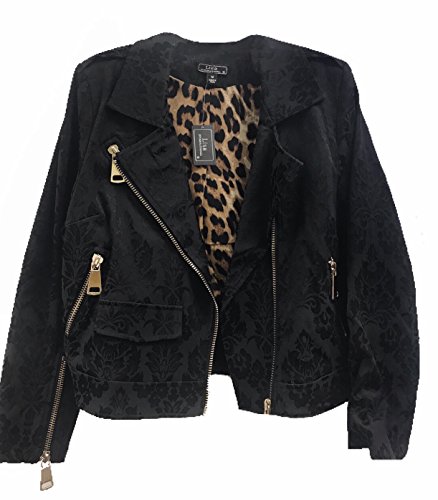 Midnight Velvet Women Black Floral Pattern Zip Up Moto Jacket