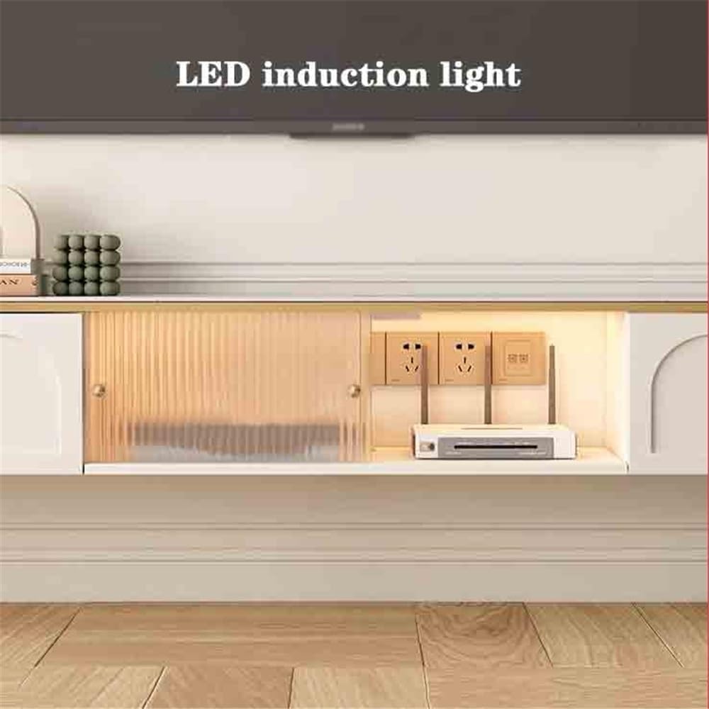 Consola de televisión Moderno centro de entretenimiento flotante con puerta corrediza vidrio y cajones, mueble almacenamiento for TV montado en la pared luz LED for debajo los televisores(160cm)