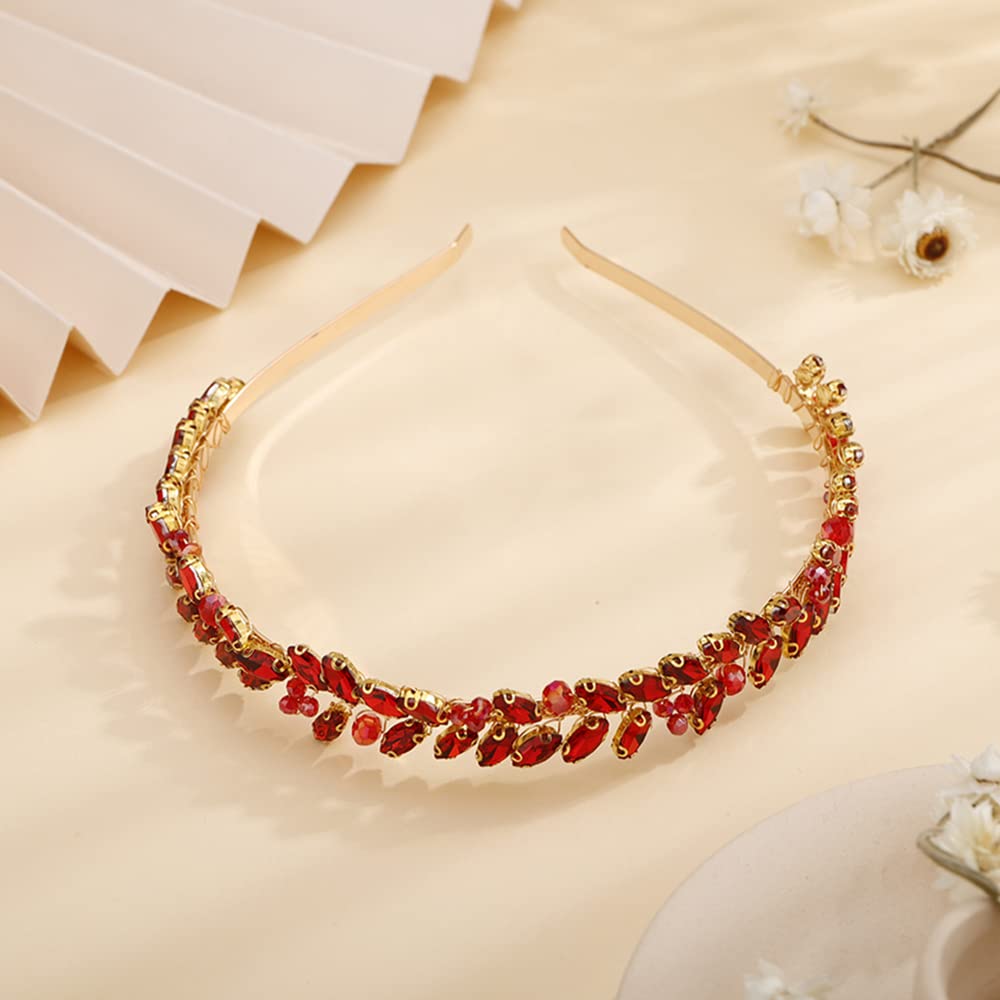 Teyglen Diadema hecha a mano con diamantes de imitación rojos para mujer, accesorios para el cabello de boda (rojo)