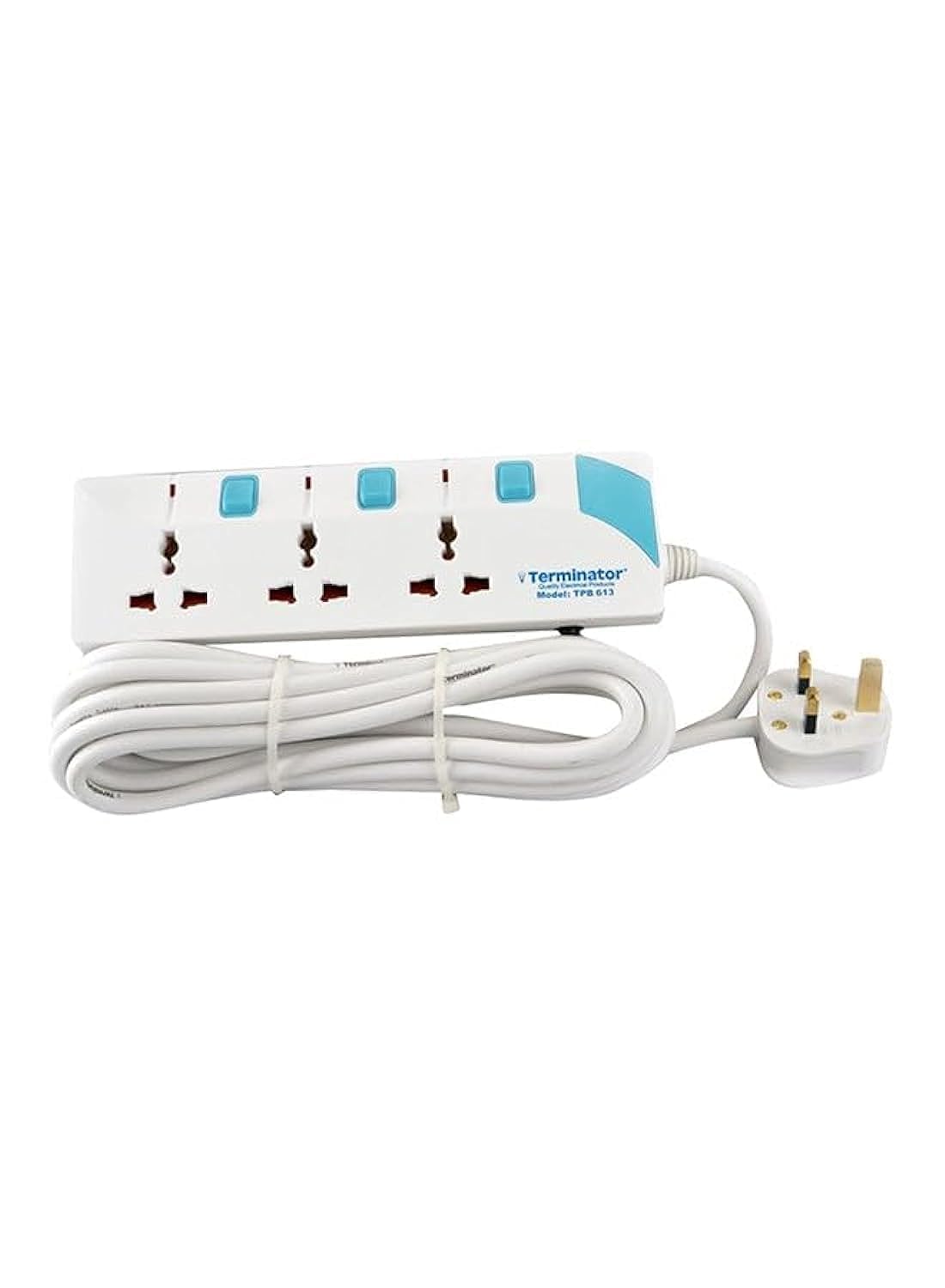 Terminator- Power Board 3-Way Universal Extension Socket Cable White/Blue 5Meter