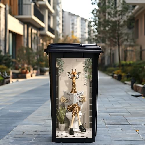 Image of 14.6x32.3 Inch Trash Can Cover Giraffe with Glasses Reading in Bathroom Design Outdoor Garbage Bin Decoration Sticker Wrap