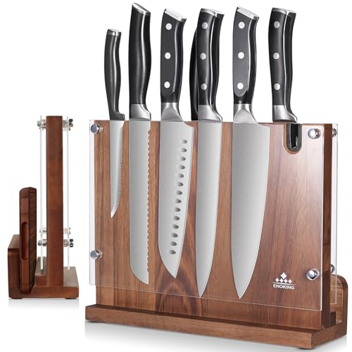 ENOKING Grand Porte Couteaux Aimanté, Bloc Couteaux Cuisine Magnétique avec Bouclier en Acrylique, Porte Couteau Aimanté en Bois D'acacia avec Aiguiseur de...