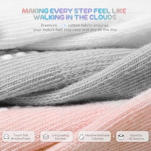 Image of Baby Toddler Girls Socks Grip Ruffle Non Slip Kids Cotton 12 Pack Socks | PREMIUM soft COTTON,full anti-slip grips,6month-7t grippy crew socks for girls,daily school all season wear,cute ruffle