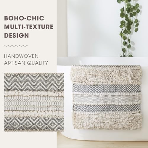 Image of Ink+Ivy Bath Rug Hand-Woven Texture Shaggy Striped Soft & Water Absorbent, Boho Bathroom Decor Bath-Mats, Non-Slip Absorbent Quick Dry Mats for Tub, Shower Room, Asher, 22x58 Grey