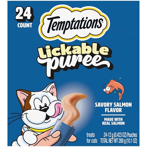 Temptations Creamy Puree Cat Treats Review 1 Temptations Creamy Puree Squeezable Lickable Cat Treats, Wet Cat Treats with Salmon, 0.42 oz. Tubes, 24 Count - Packaging May Vary