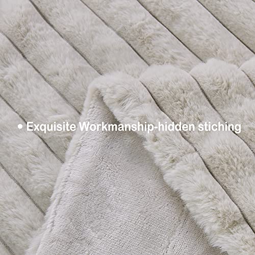 softan Warm Faux Fur Blanket with Flannel Fleece Reverse, Fuzzy Striped Fleece Throw Blanket for Couch Sofa Bed Living Room, Beige/Cream White - Double 150 x 200 cm - Image 4