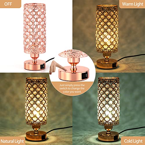 Yarra-Decor Crystal Bedside Rose Gold Table Lamp 3 Color Options Girl Lamps For Bedroom Modern Usb Nightstand Lamp With Rose Gold Crystal Shade Decorative Lamps For Living Room (Led Bulb Included) #TOP1