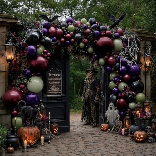Image of Halloween Balloon Arch Double Stuffed Green Purple Burgundy Black Balloons