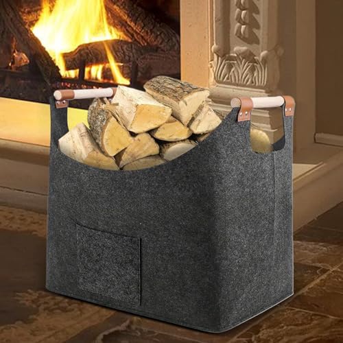 Bolsa de fieltro, cesta de leña con construcción resistente, bolsa de leña para un fácil transporte, cesta de leña de fieltro con asas, perfecta para organizar y almacenar leña con estilo y comodidad